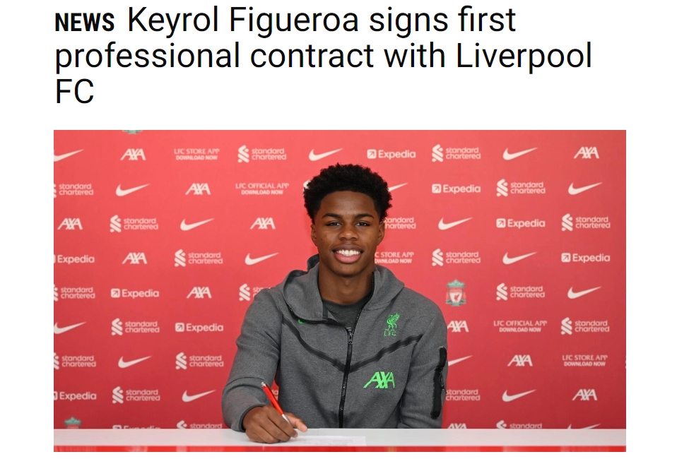 官方：首份职业合同，利物浦小将菲格罗亚与球队签约